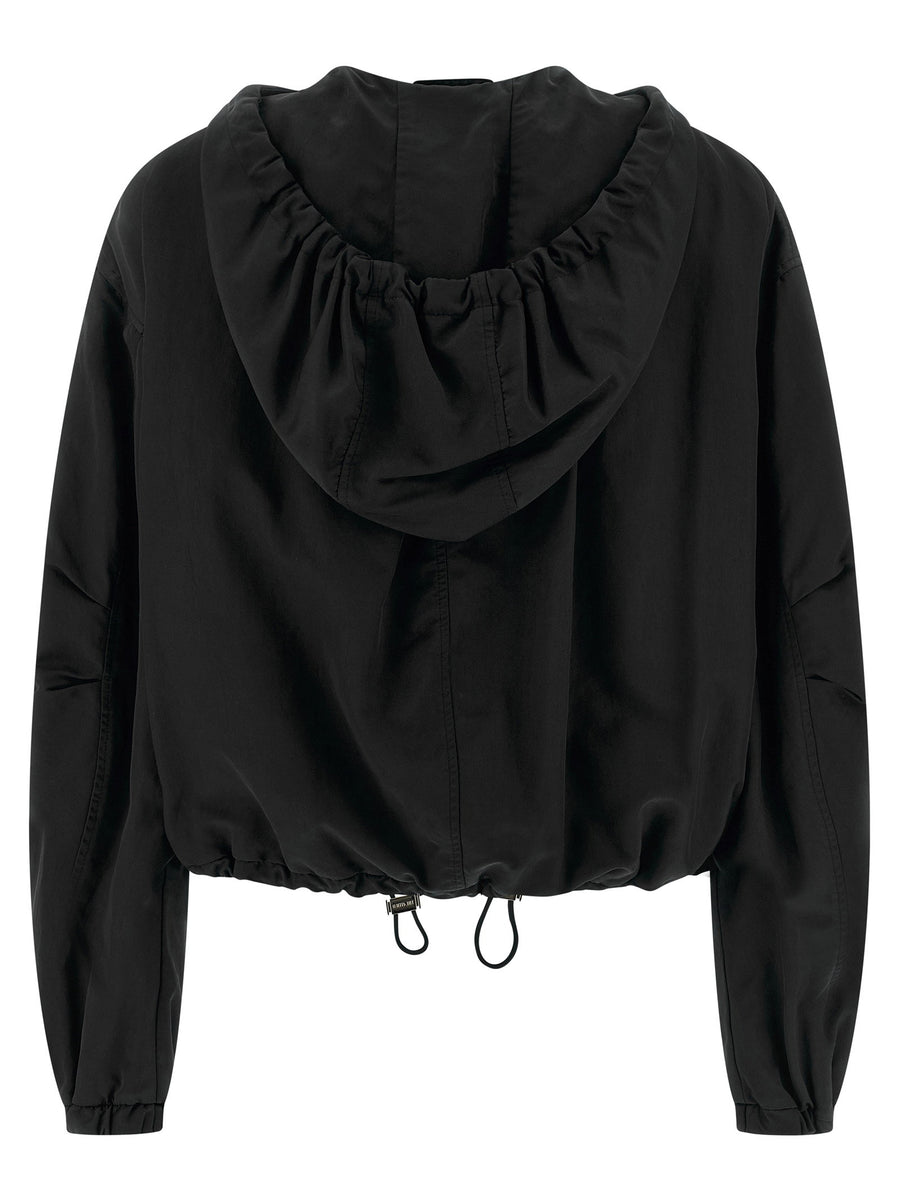 Attico Hooded Bomber Jacket For Women Luxury Black Nylon With Pockets And Drawstring Hem