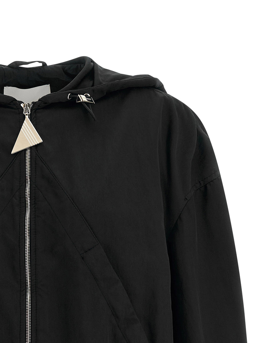 Attico Hooded Bomber Jacket For Women Luxury Black Nylon With Pockets And Drawstring Hem