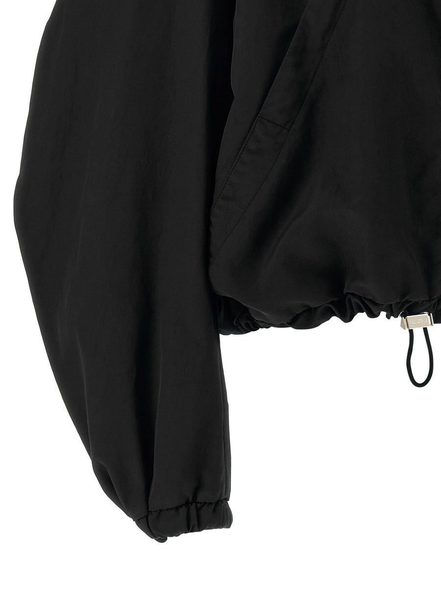 Attico Hooded Bomber Jacket For Women Luxury Black Nylon With Pockets And Drawstring Hem