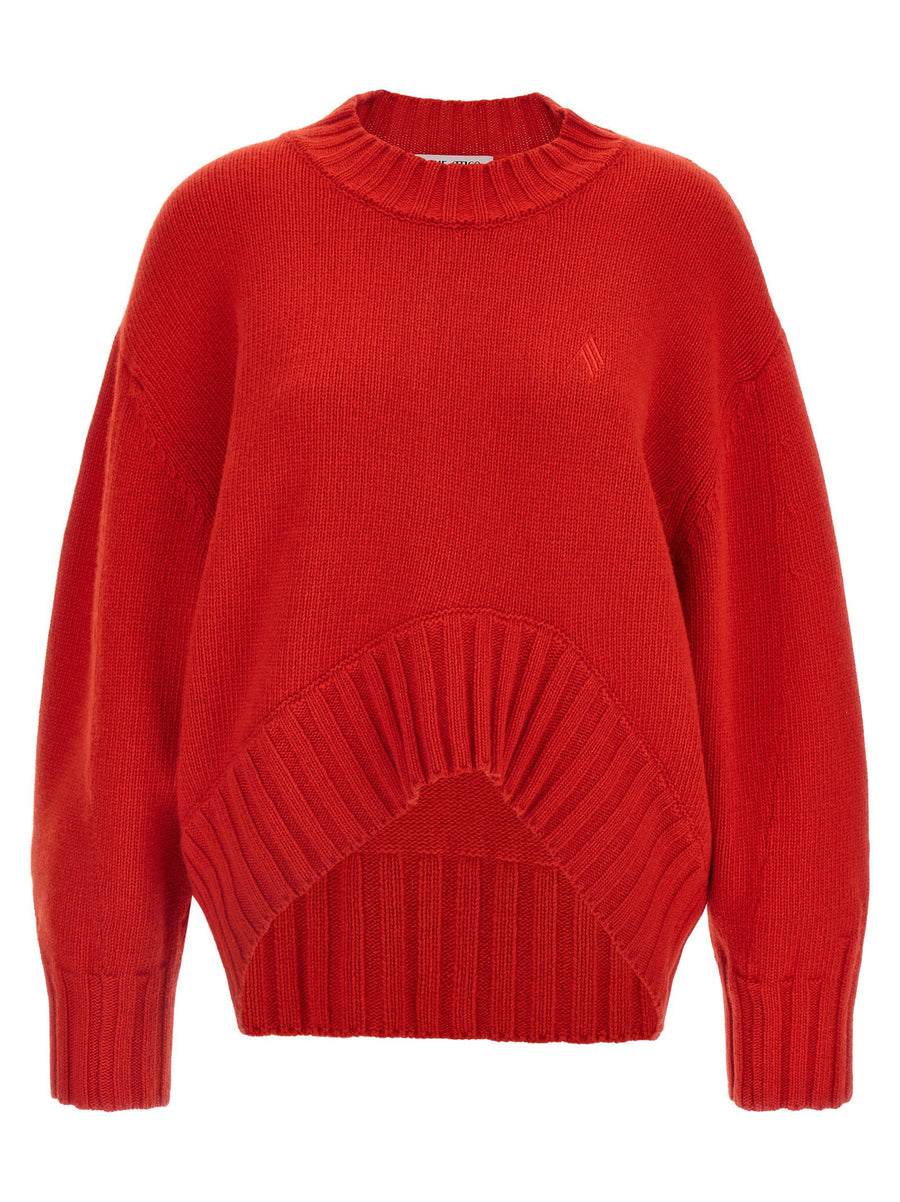 The Attico Asymmetrical Hem Sweater For Women Virgin Wool Cashmere Knit With Cropped Front And Logo Embroidery