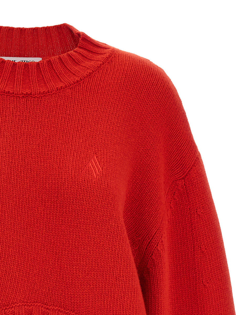 The Attico Asymmetrical Hem Sweater For Women Virgin Wool Cashmere Knit With Cropped Front And Logo Embroidery
