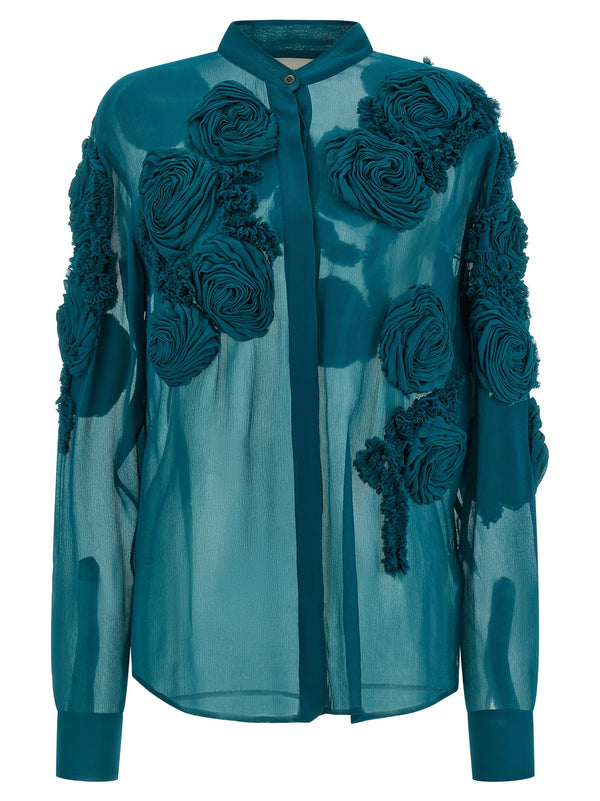 Dries Van Noten Chowsa Shirt Green Viscose With 3D Floral Details For Women Luxury Summer Essential