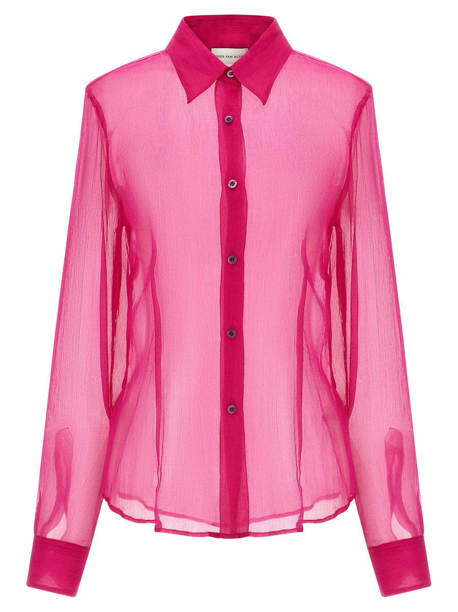 Dries Van Noten Cloudy Silk Shirt For Women In Fuchsia, Draped Semi-Transparent Washed Silk