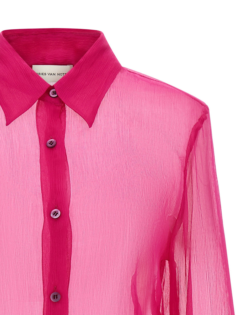 Dries Van Noten Cloudy Silk Shirt For Women In Fuchsia, Draped Semi-Transparent Washed Silk