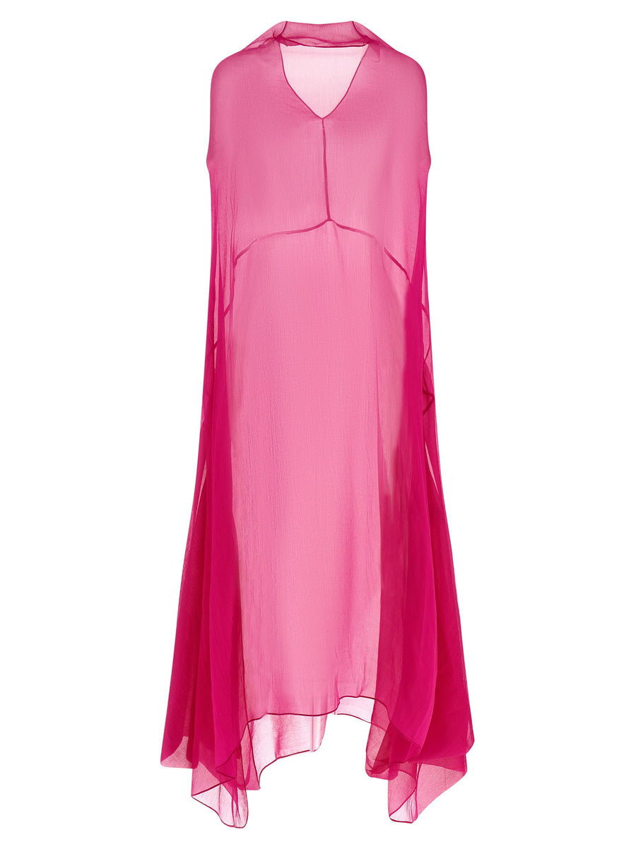 Dries Van Noten Ducy Silk Midi Dress In Fuchsia With Draped Neckline