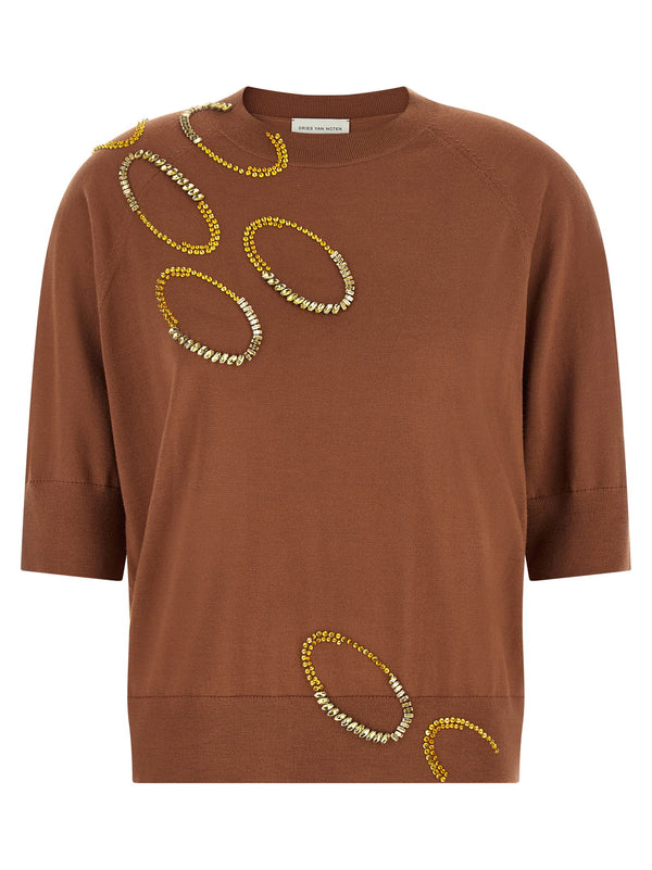 Dries Van Noten Tuan Brown Merino Wool Embroidered Ellipses Crewneck Sweater
