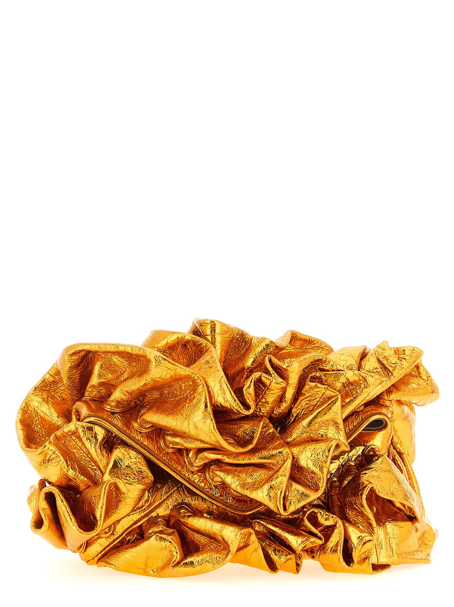 Dries Van Noten Luxurious Ruffle Clutch Magnetic Closure Orange Laminated Leather For Women