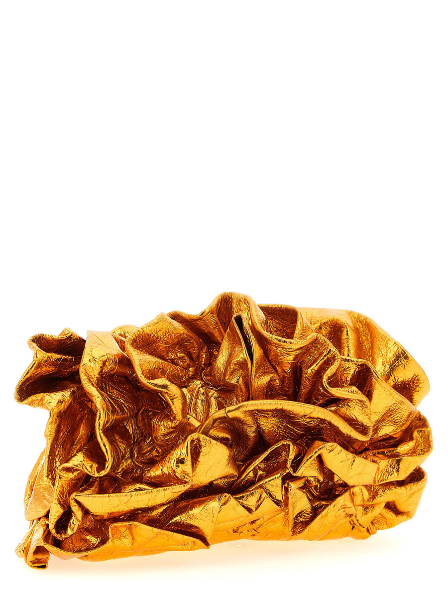 Dries Van Noten Luxurious Ruffle Clutch Magnetic Closure Orange Laminated Leather For Women