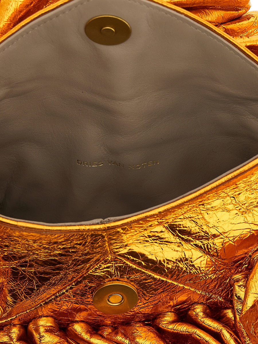 Dries Van Noten Luxurious Ruffle Clutch Magnetic Closure Orange Laminated Leather For Women