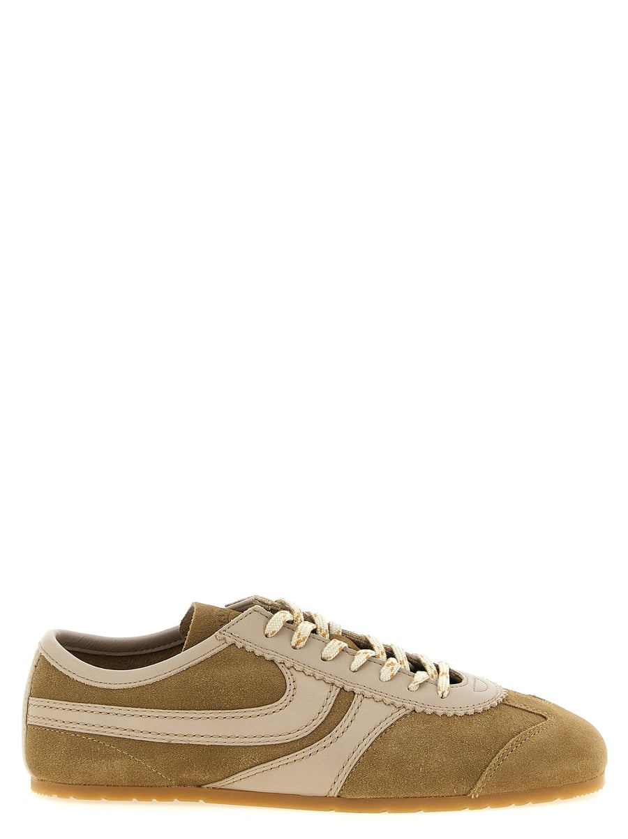 Dries Van Noten Womens Suede Sneakers With Scalloped Leather Detailing Premium Beige Texture