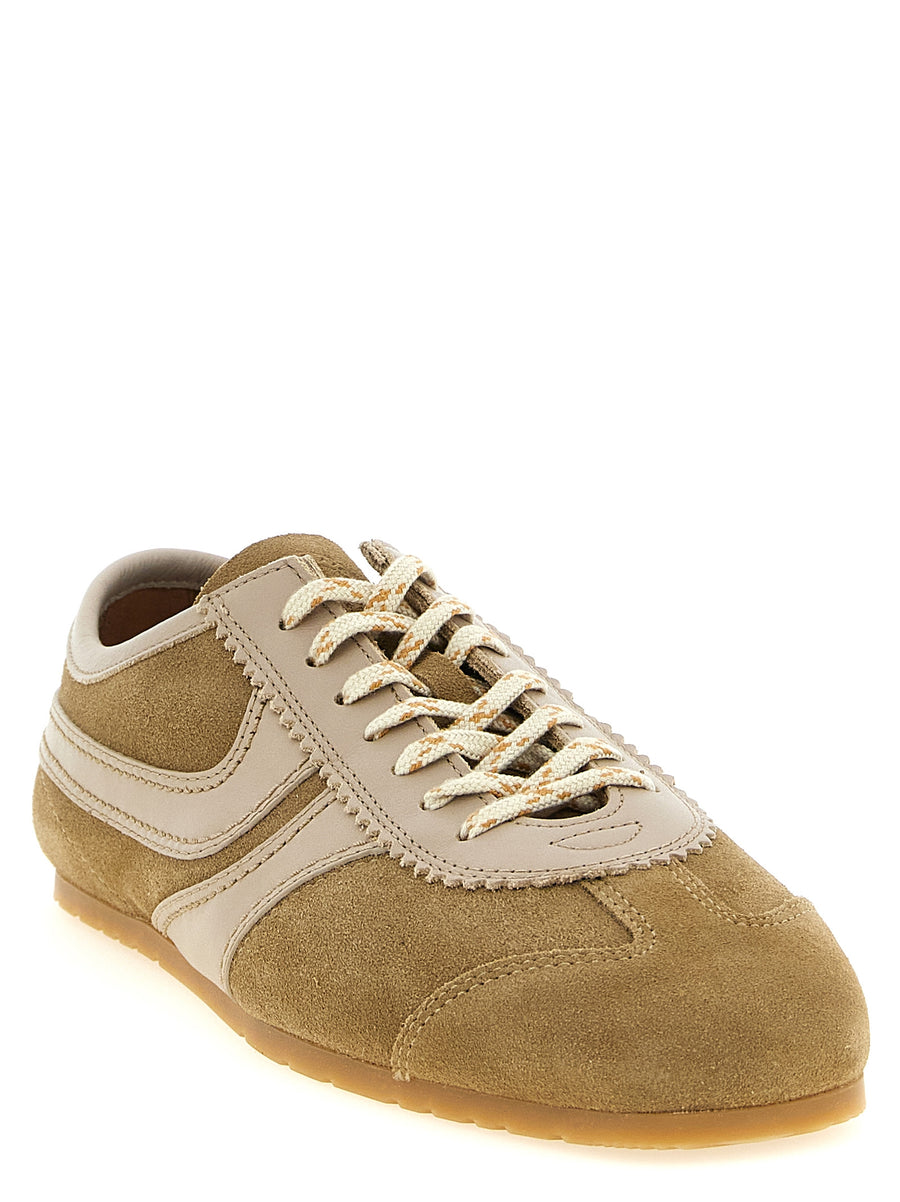 Dries Van Noten Womens Suede Sneakers With Scalloped Leather Detailing Premium Beige Texture