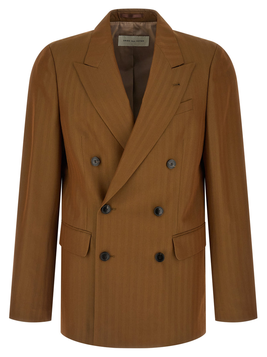 Dries Van Noten Barry Blazer Double Breasted Wool Viscose Blend With Subtle Pinstripe Luxury Womenswear
