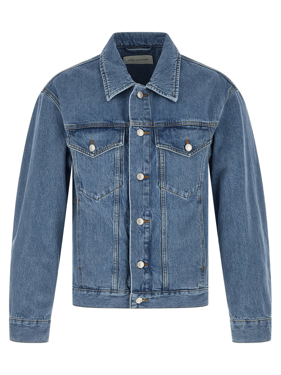 Dries Van Noten Vuskin Den Jacket for Men Light Blue Cotton Denim with Premium Contrast Stitching