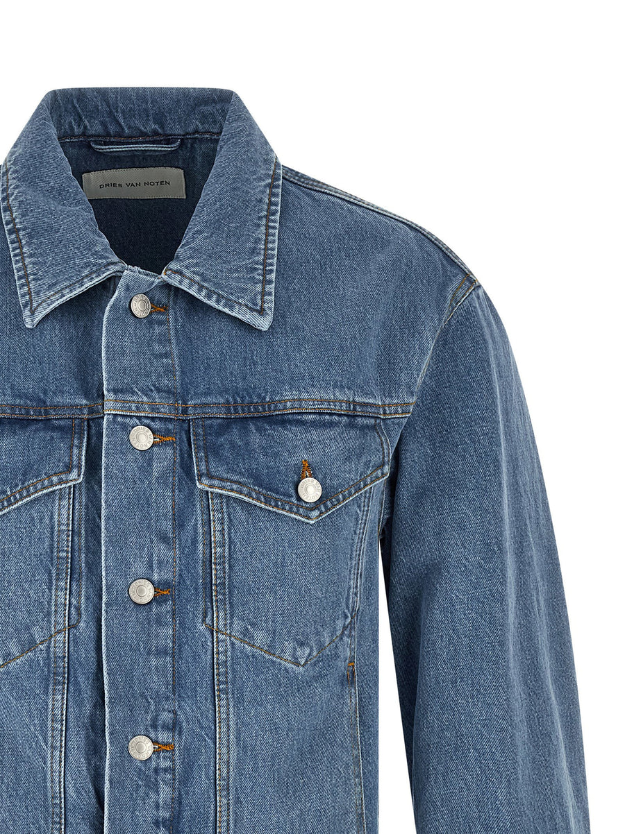 Dries Van Noten Vuskin Den Jacket for Men Light Blue Cotton Denim with Premium Contrast Stitching