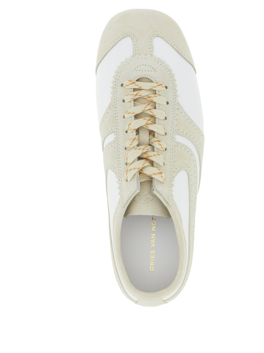 Dries Van Noten Leather And Suede Sneakers For Men Premium Luxury Beige Leather Upper With Suede Inserts