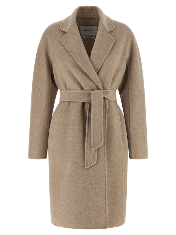Max Mara Cashmere Coat For Women Luxurious Hand Stitched Pure Cashmere Double Drape Midi Robe Beige With Removable Belt