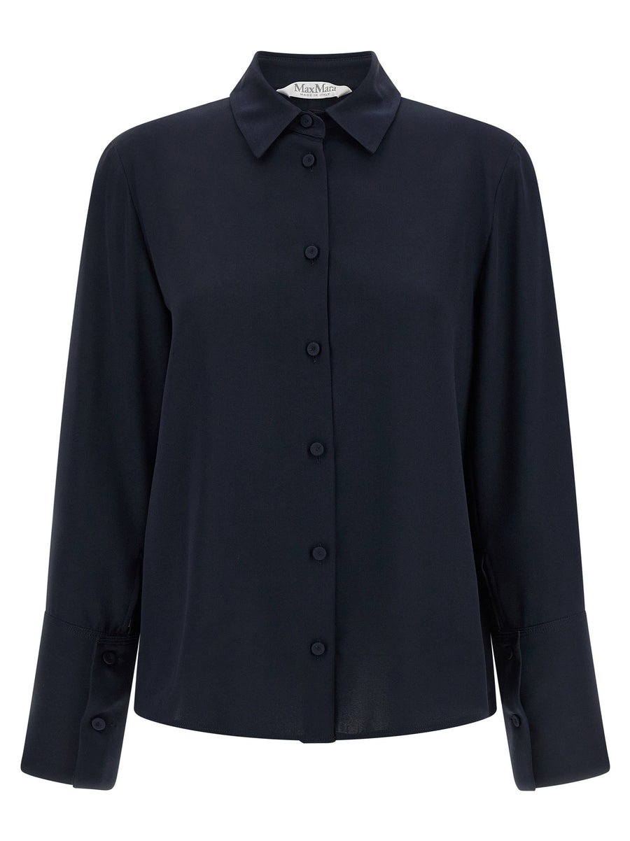 Max Mara Stretch Silk Crepe De Chine Shirt With Front Button Closure And Asymmetrical Hem For Women Blue