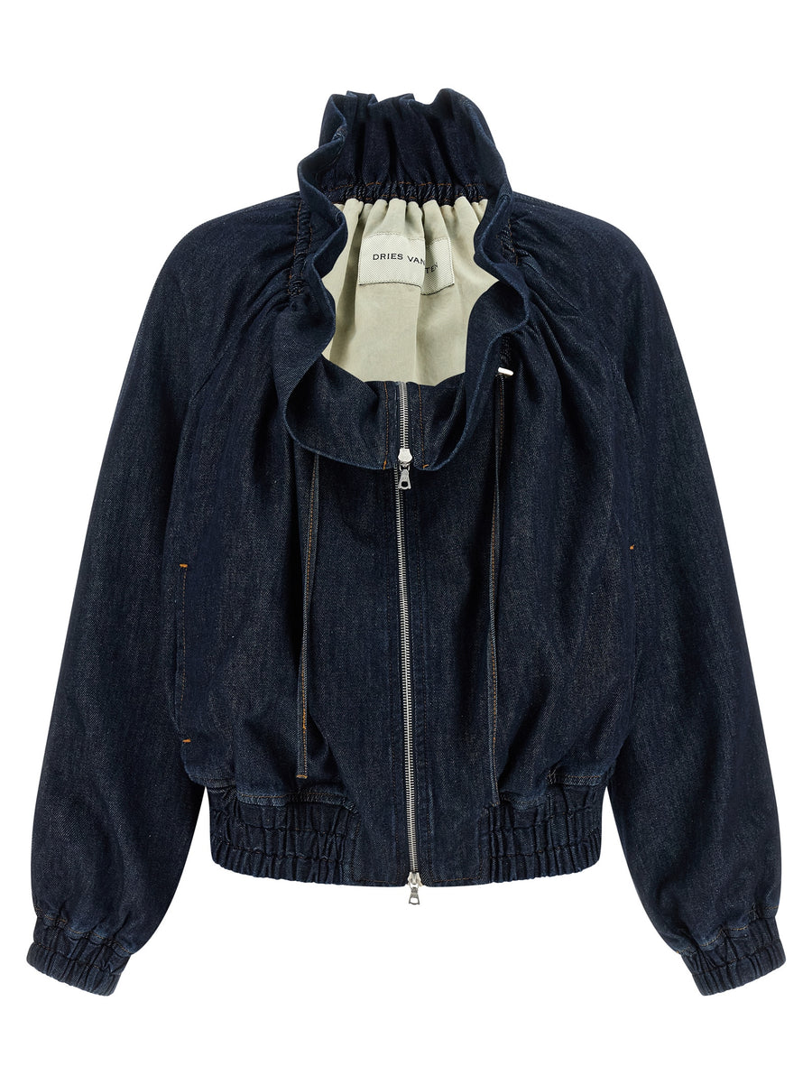 Dries Van Noten Voly Jacket For Women Blue Cotton Denim With Drawstring Front Zip Polished Casual Edge