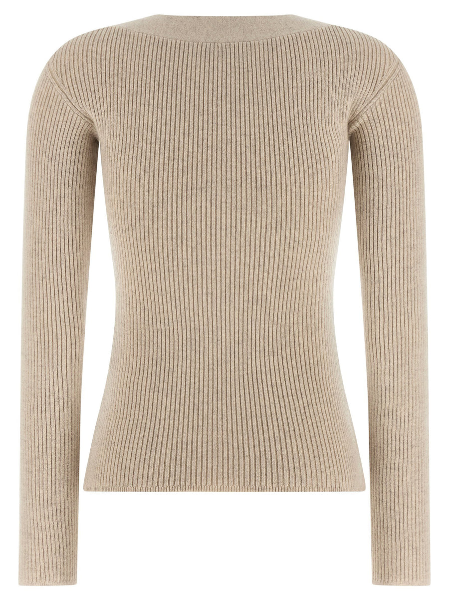 Max Mara Mxmgioiosa Sweater Luxurious Beige Wool Cashmere Blend Dropped Sleeves V Neck For Women