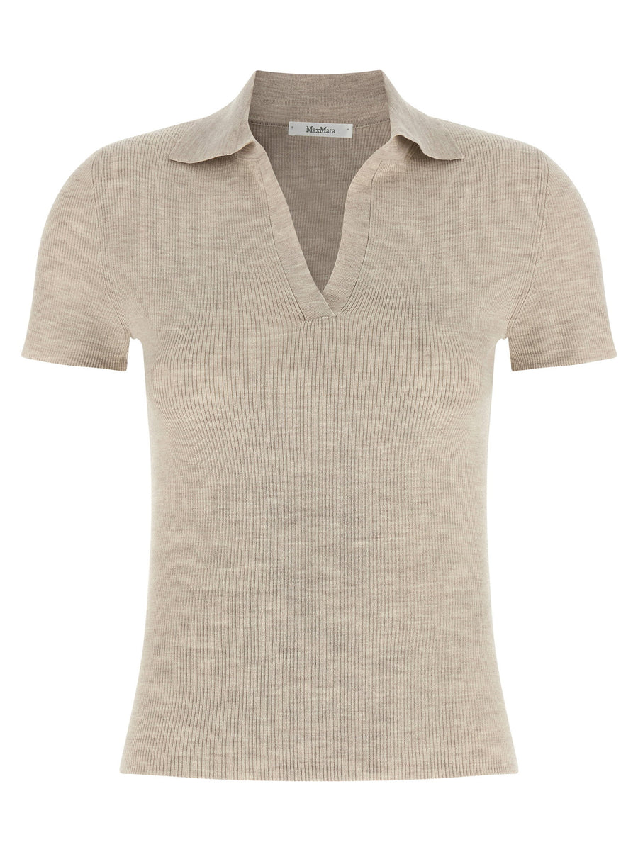 Max Mara Mxmalbero Polo Shirt For Women Premium Virgin Wool Beige Ribbed Knit With Collar And V Neck