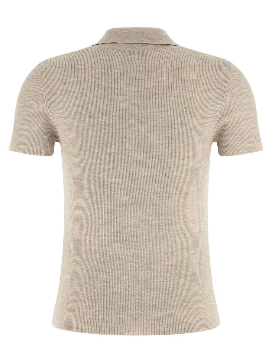 Max Mara Mxmalbero Polo Shirt For Women Premium Virgin Wool Beige Ribbed Knit With Collar And V Neck