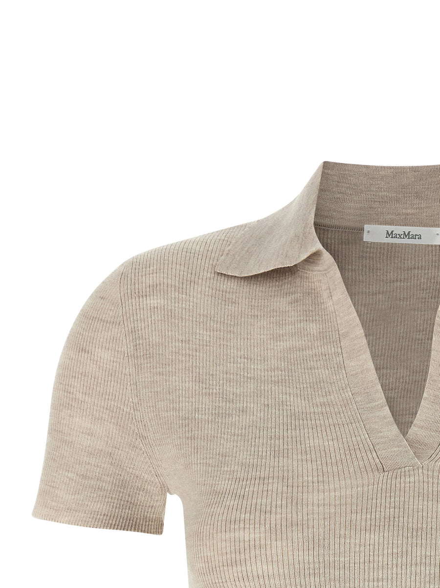 Max Mara Mxmalbero Polo Shirt For Women Premium Virgin Wool Beige Ribbed Knit With Collar And V Neck