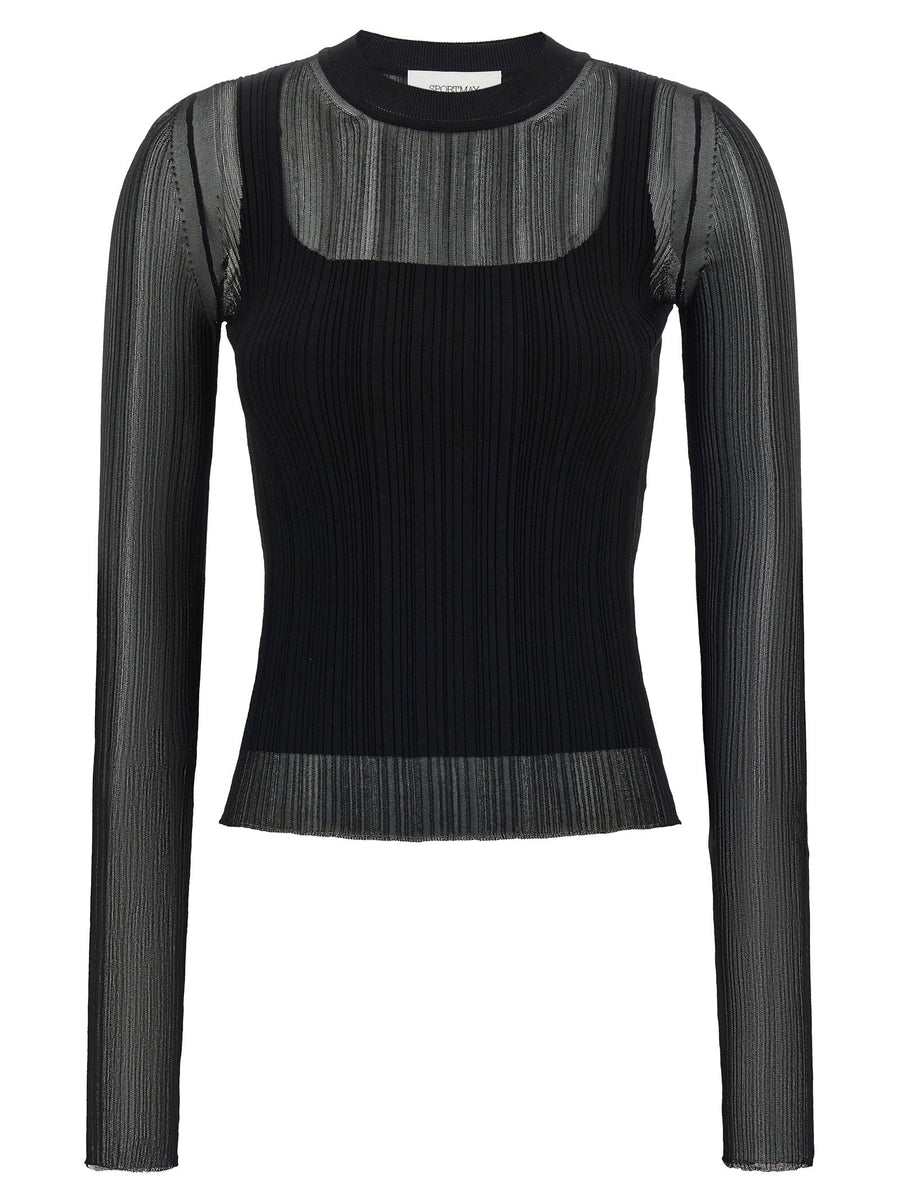 Sportmax Spxbuono Black Semi Transparent Rib Knit Sweater Crew Neck
