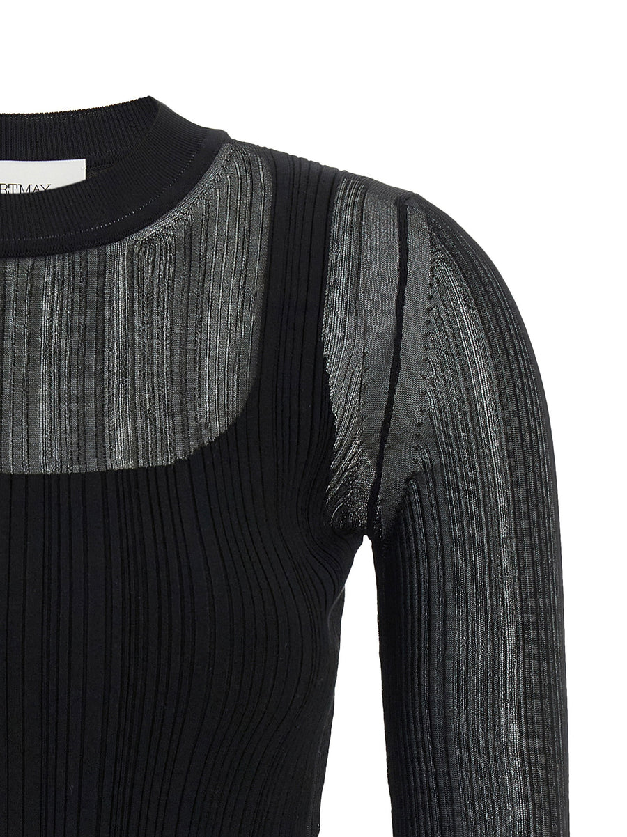 Sportmax Spxbuono Black Semi Transparent Rib Knit Sweater Crew Neck