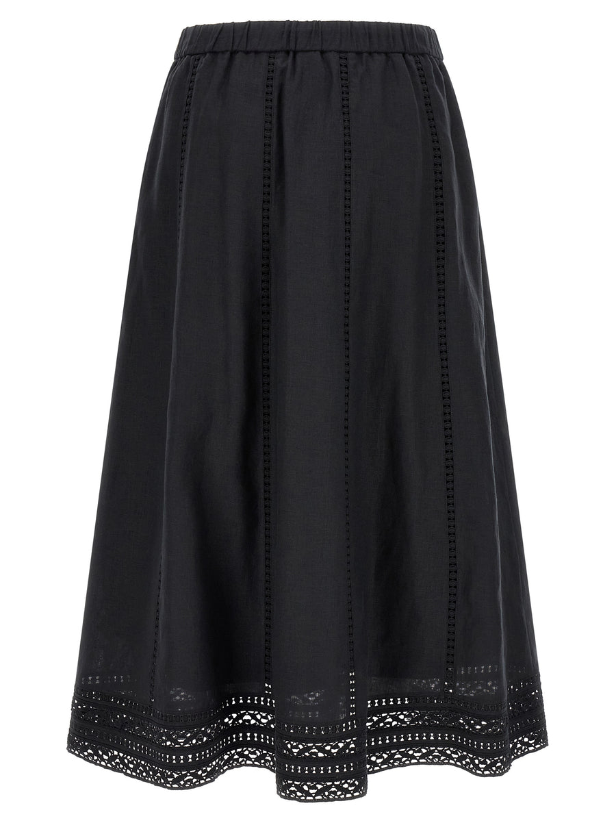 Weekend Max Mara Wdkgergo Linen Midi Skirt for Women Black Flared with Pockets Elastic Waistband Embroidery Trim
