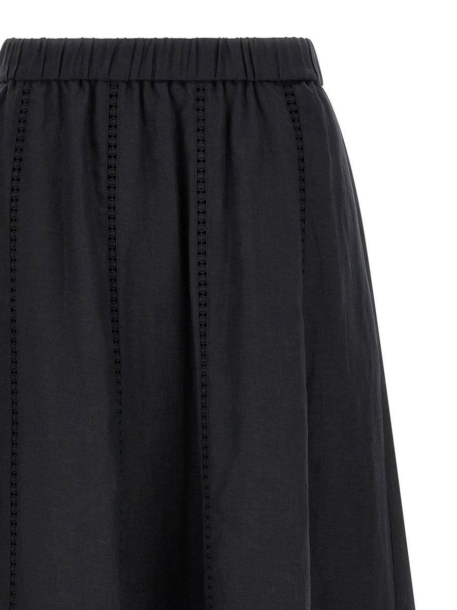 Weekend Max Mara Wdkgergo Linen Midi Skirt for Women Black Flared with Pockets Elastic Waistband Embroidery Trim