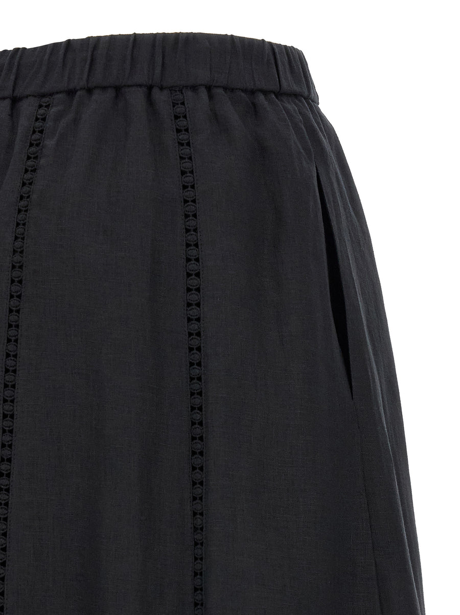 Weekend Max Mara Wdkgergo Linen Midi Skirt for Women Black Flared with Pockets Elastic Waistband Embroidery Trim