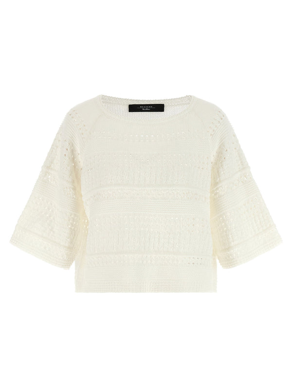 Weekend Max Mara Wkiorche Cotton Knit Cropped Crew Neck Sweater For Women White Breathable Perforated Knit