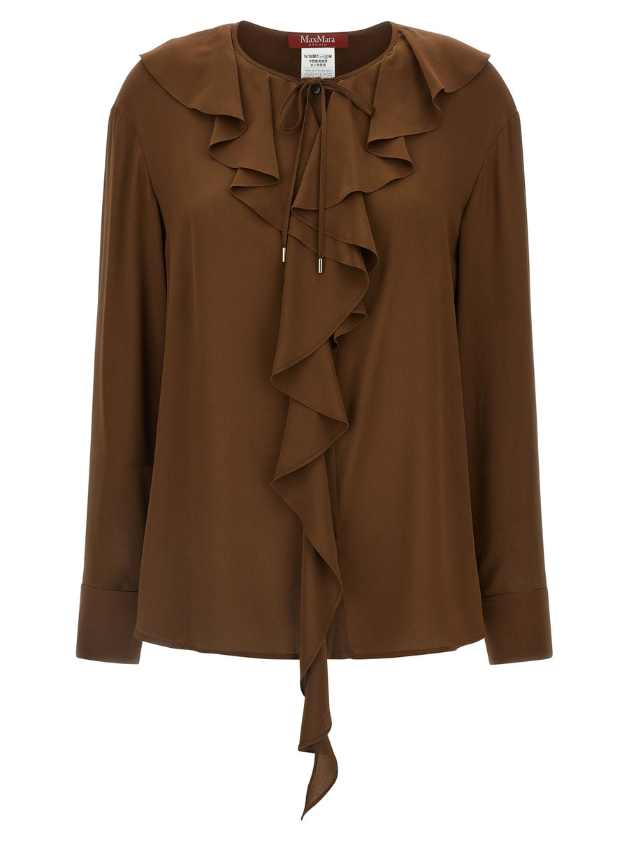 Max Mara Studio Mstepica Silk Shirt Brown With Ruffle Neck Tie