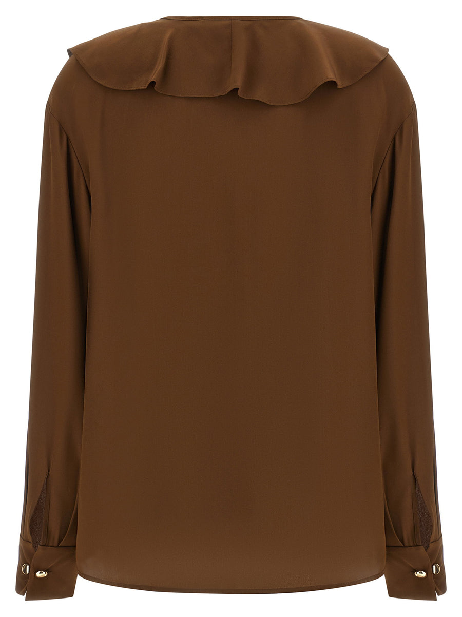 Max Mara Studio Mstepica Silk Shirt Brown With Ruffle Neck Tie