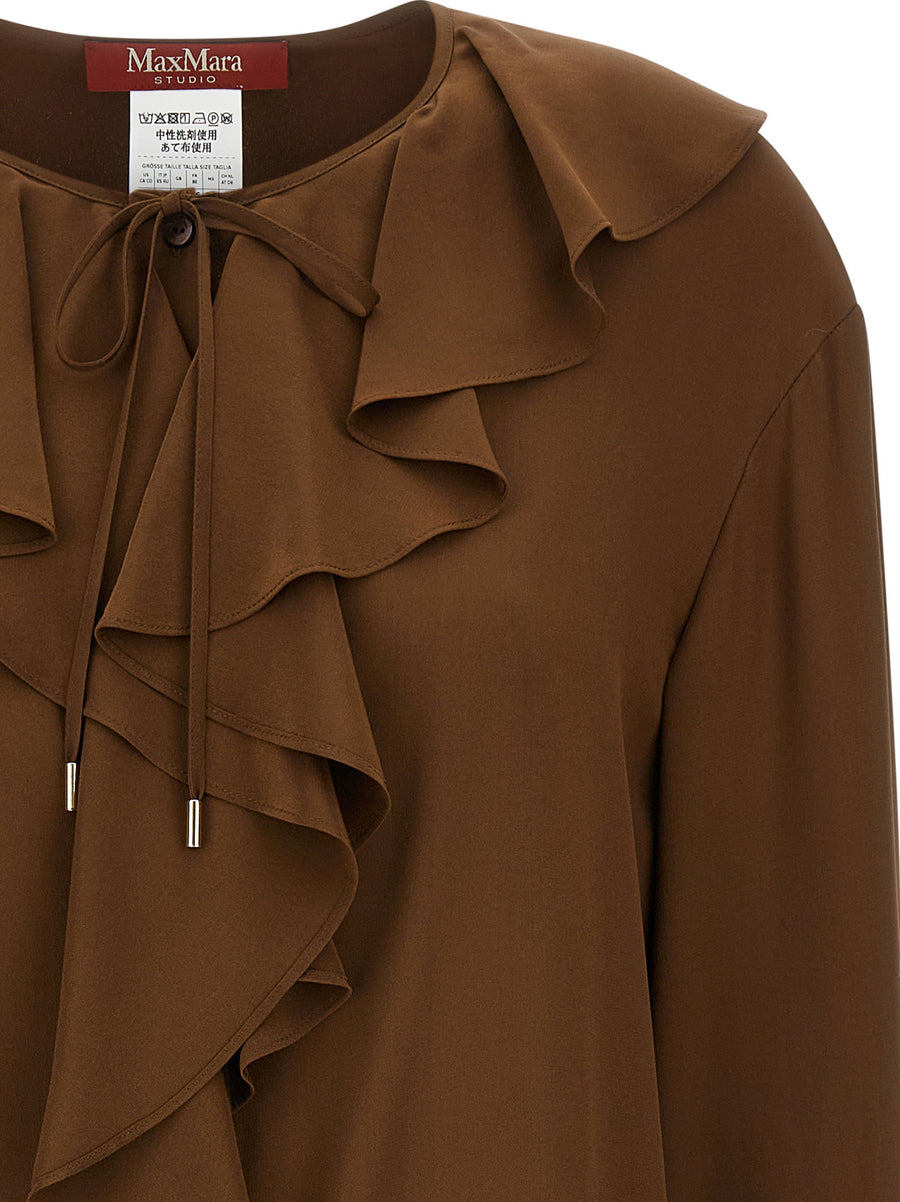 Max Mara Studio Mstepica Silk Shirt Brown With Ruffle Neck Tie