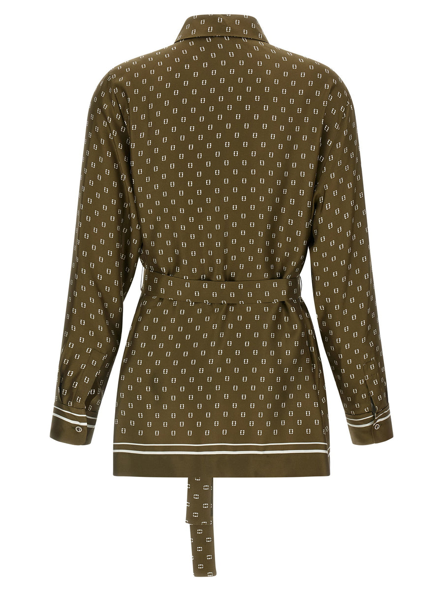 Max Mara Studio Msttenuta Silk Twill Shirt Green Scarf Print Removable Belt