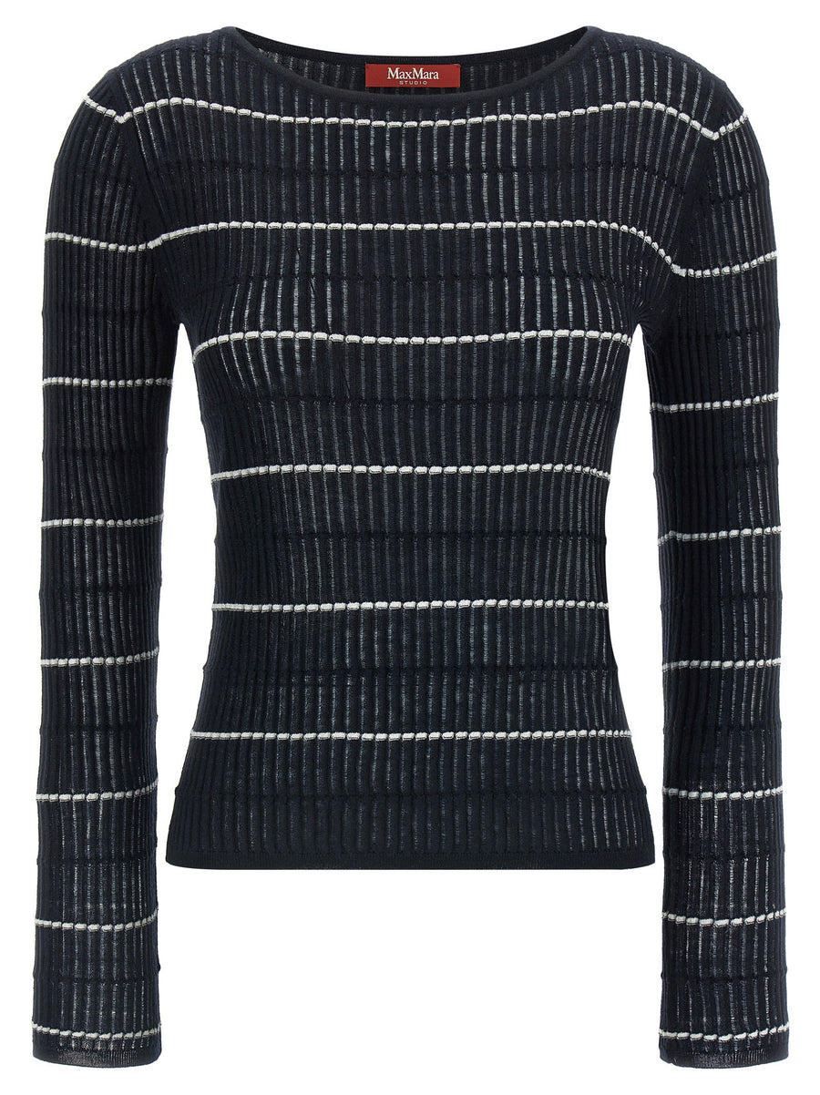 Max Mara Studio Mstpedone Wool Silk Blend Sweater Openwork Ribbed Luxurious Boat Neck Women
