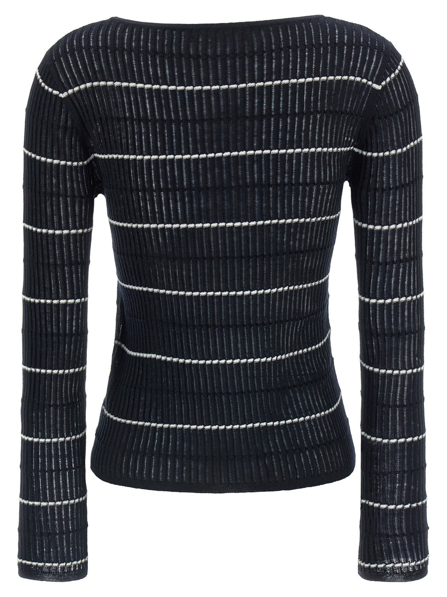 Max Mara Studio Mstpedone Wool Silk Blend Sweater Openwork Ribbed Luxurious Boat Neck Women