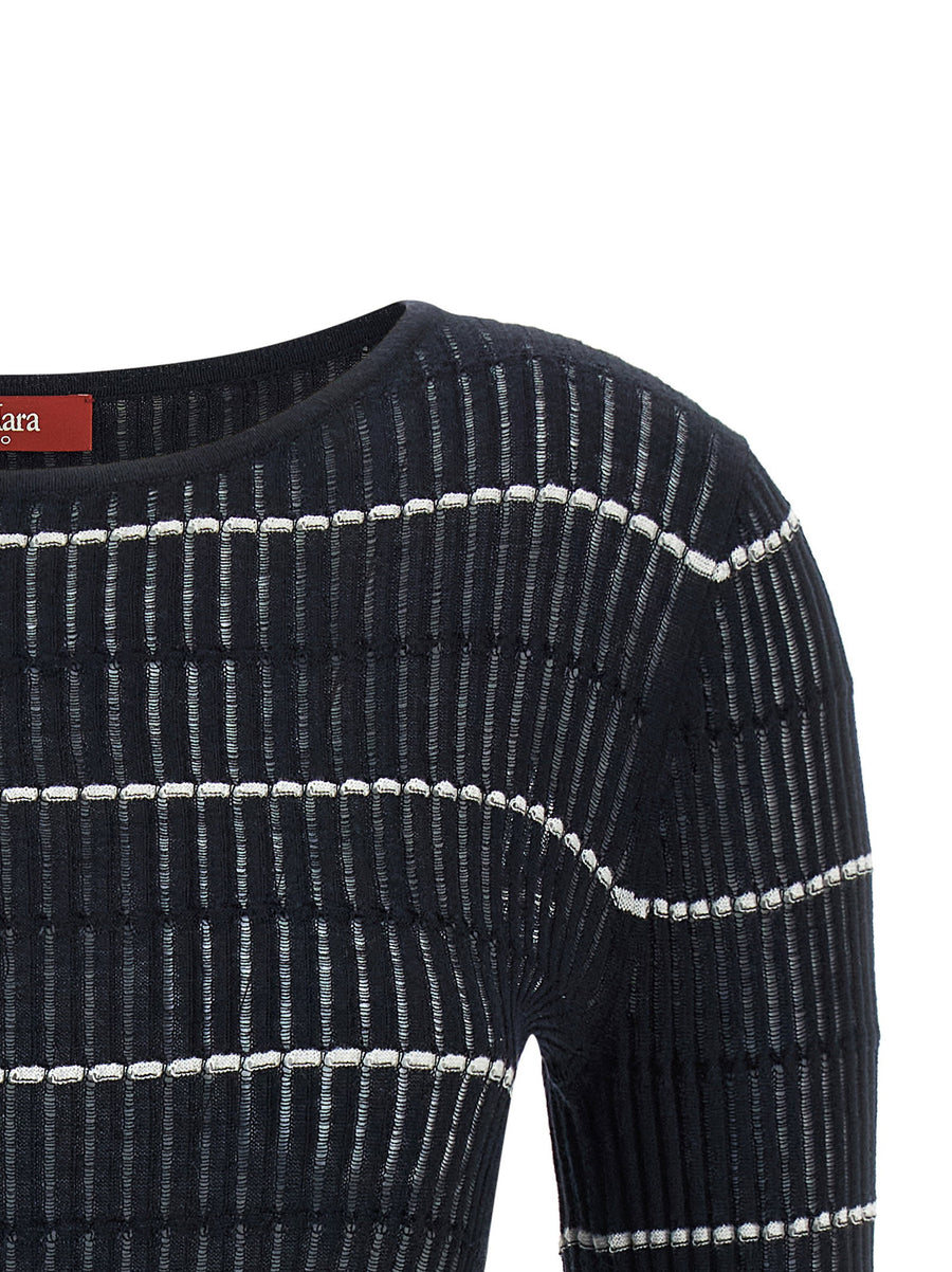 Max Mara Studio Mstpedone Wool Silk Blend Sweater Openwork Ribbed Luxurious Boat Neck Women