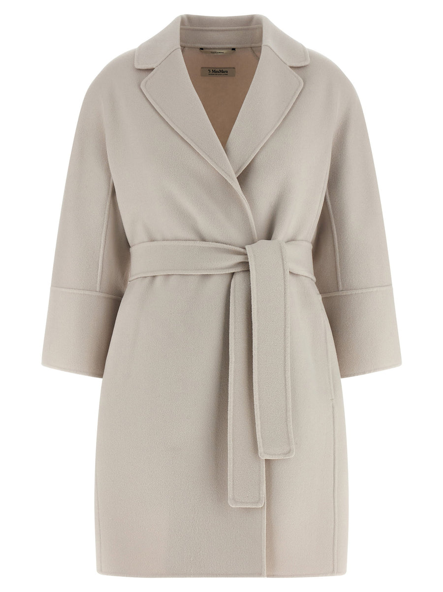 Max Mara Arona Coat For Women Beige 100 Percent Virgin Wool Cocoon Double Draped Robe Style Pockets With Removable Belt