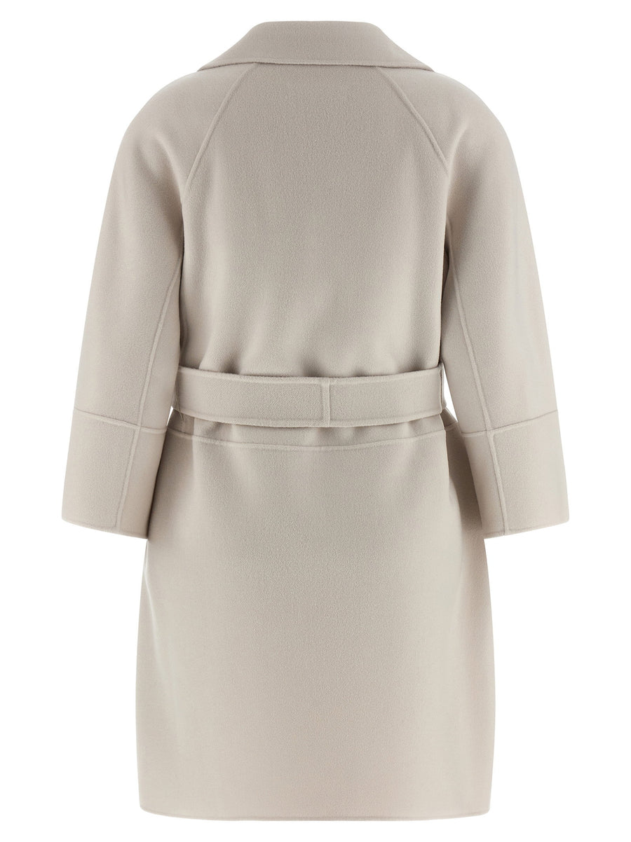 Max Mara Arona Coat For Women Beige 100 Percent Virgin Wool Cocoon Double Draped Robe Style Pockets With Removable Belt