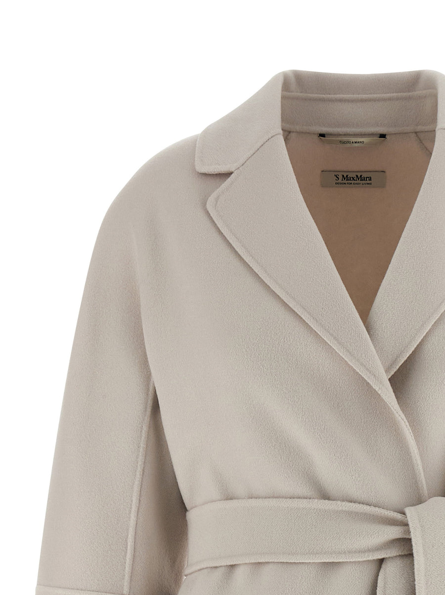 Max Mara Arona Coat For Women Beige 100 Percent Virgin Wool Cocoon Double Draped Robe Style Pockets With Removable Belt