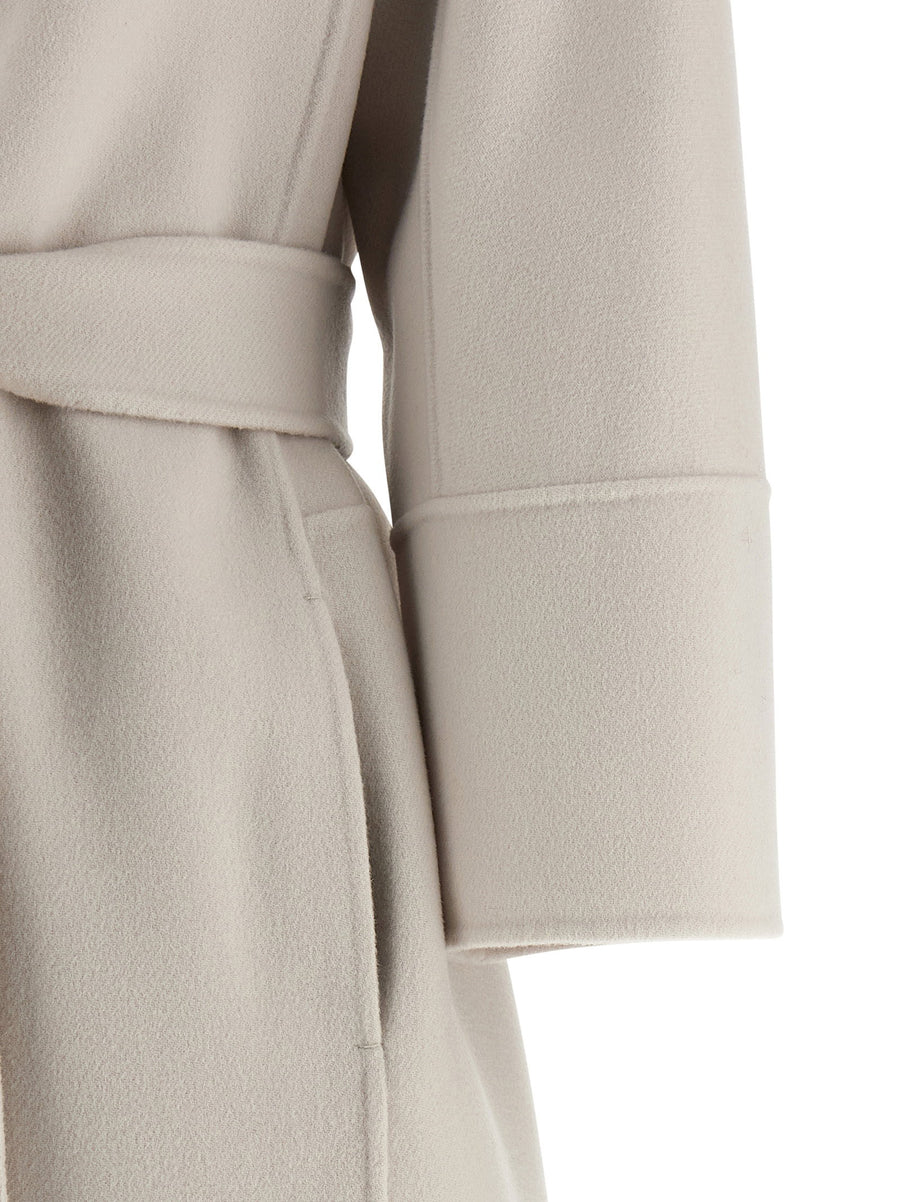 Max Mara Arona Coat For Women Beige 100 Percent Virgin Wool Cocoon Double Draped Robe Style Pockets With Removable Belt