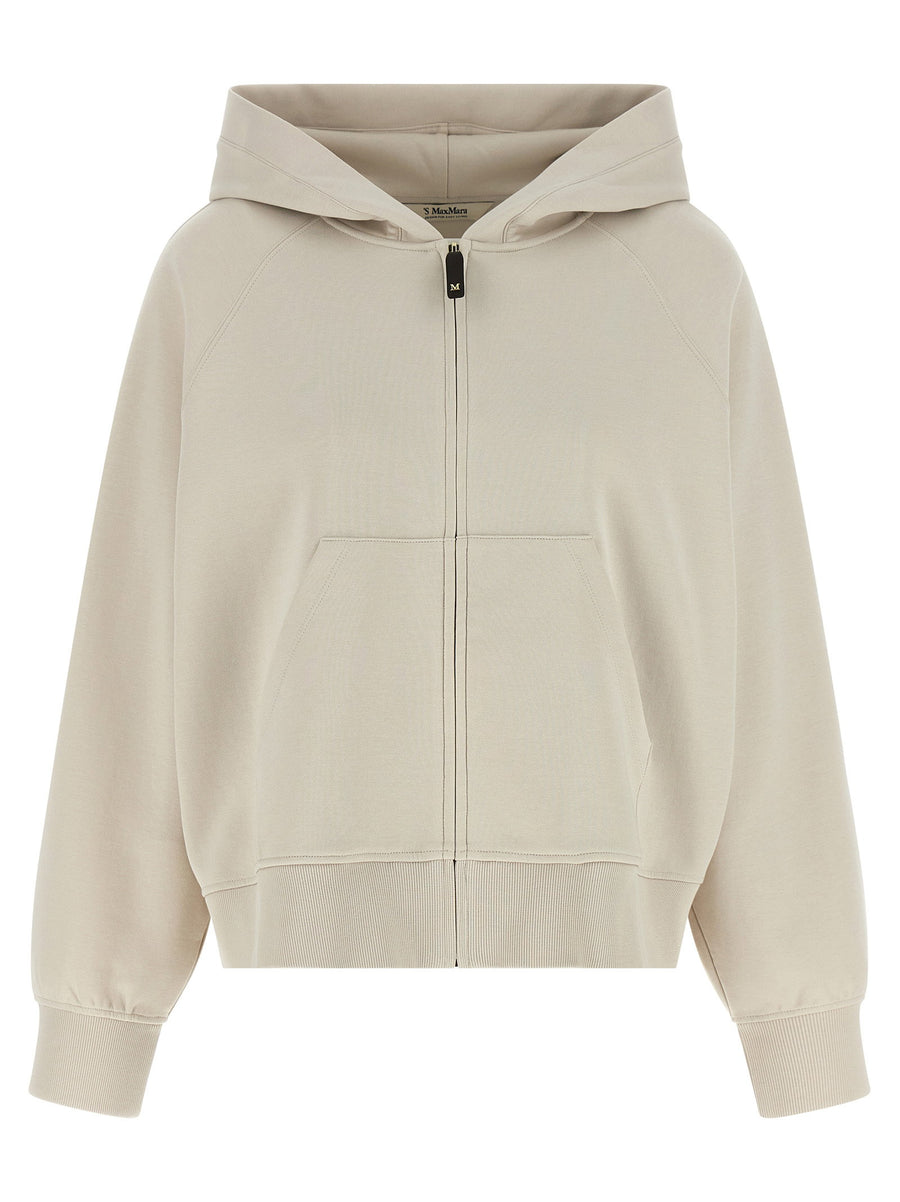 Max Mara Beige Cotton Blend Hoodie With Front Zip Pockets Logo Embroidery