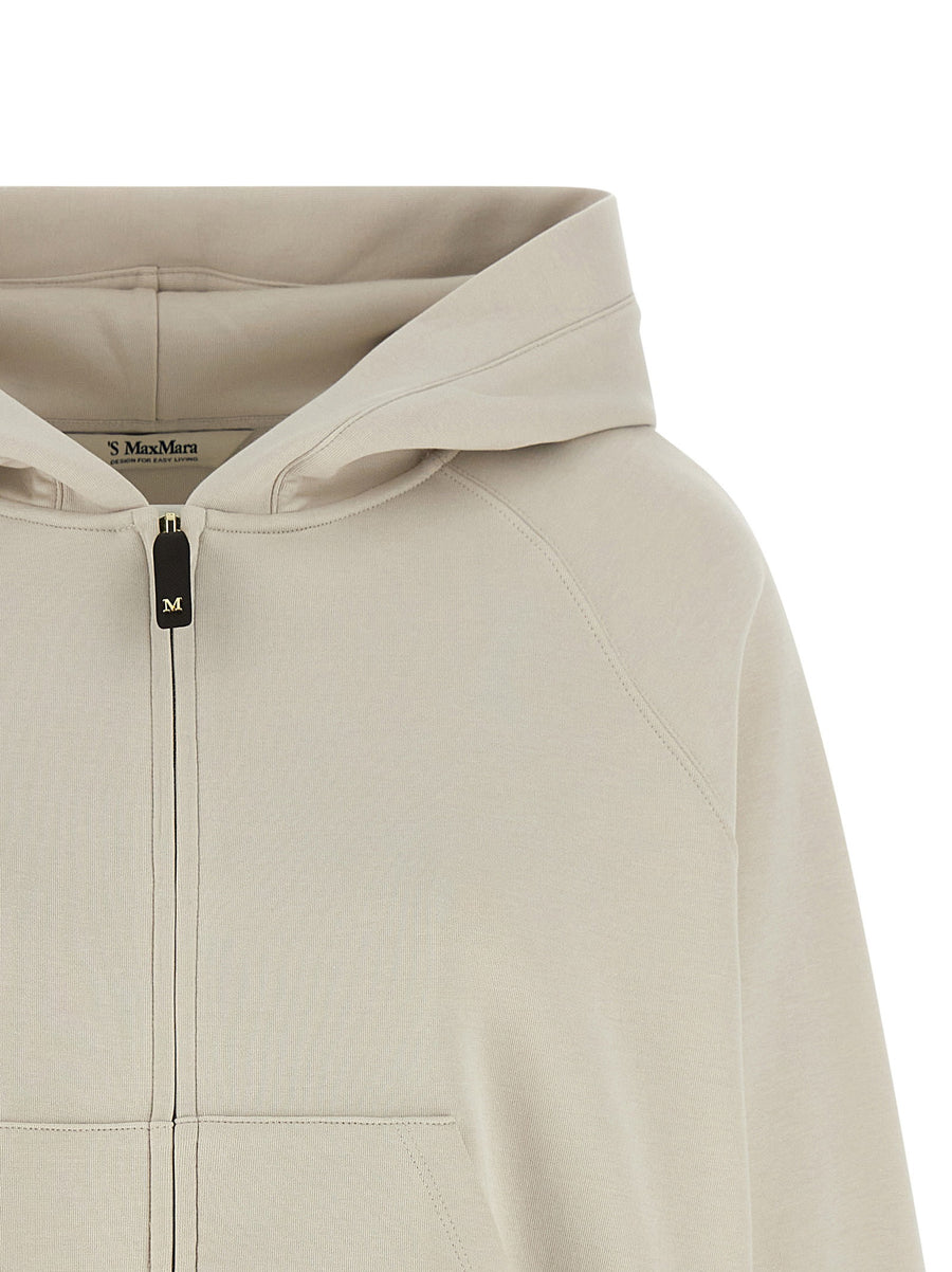 Max Mara Beige Cotton Blend Hoodie With Front Zip Pockets Logo Embroidery