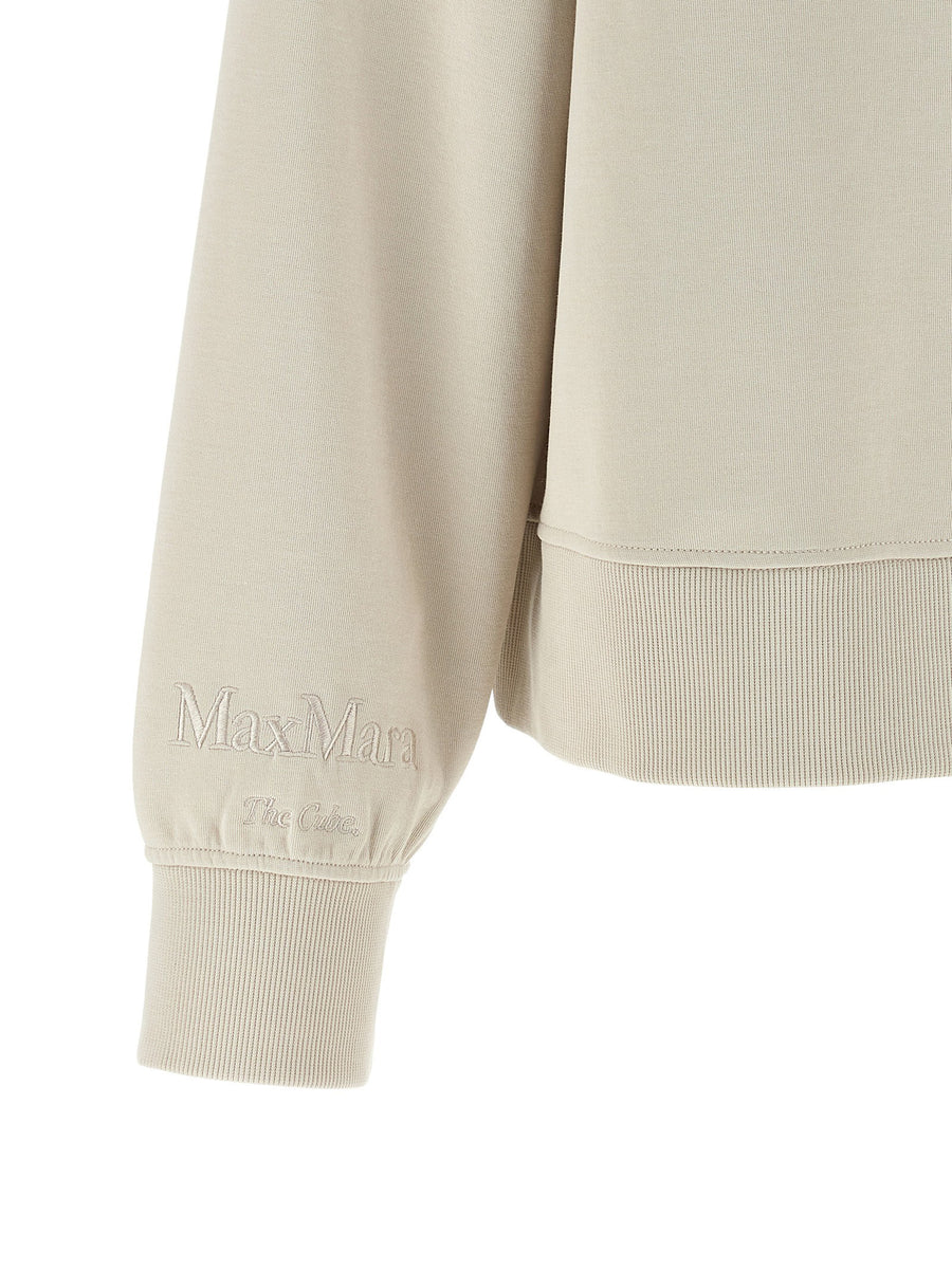 Max Mara Beige Cotton Blend Hoodie With Front Zip Pockets Logo Embroidery