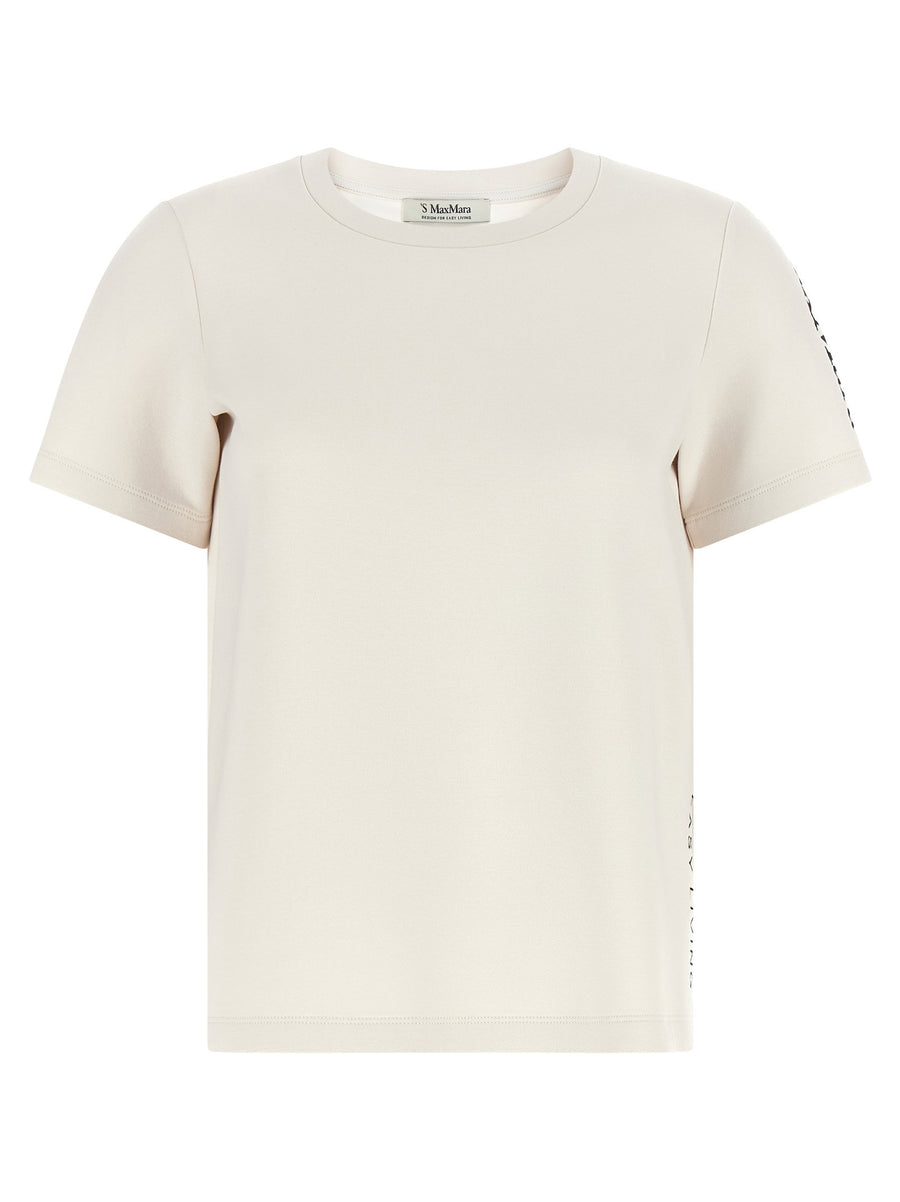 Max Mara Smmnancy Beige Cotton Blend T Shirt With Logo Embroidery