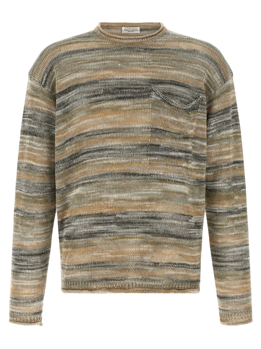 Roberto Collina Mouline LinenBlend Sweater For Women Striped Crew Neck Top With Chest Pocket Luxurious Casual Wear