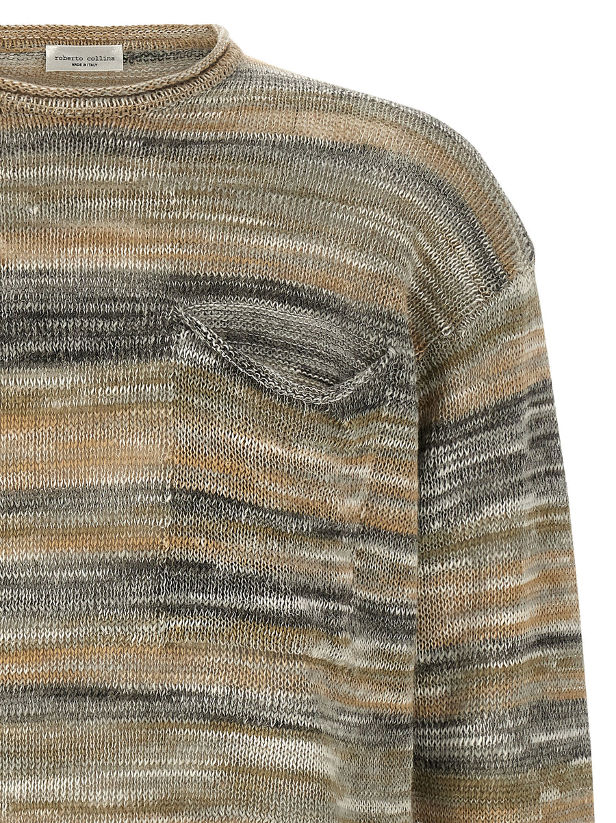 Roberto Collina Mouline LinenBlend Sweater For Women Striped Crew Neck Top With Chest Pocket Luxurious Casual Wear
