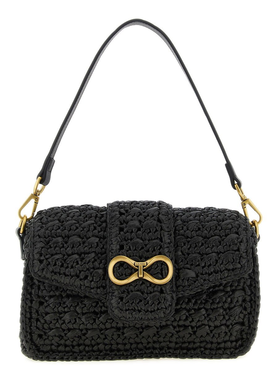 Twin Set Handwoven Raffia Crossbody Bag Black With Magnetic Flap Closure